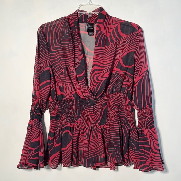 Bisou Bisou Tops - BISOU BISOU Red/Black Swirl Print Smock Waist/Cuff Bell SLV Sheer Party Top XL